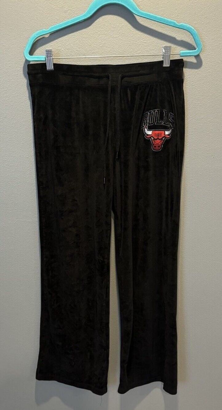 Chicago Bulls Sweatpants Womens L Black Velour Embroidered Logo Pull On Pants